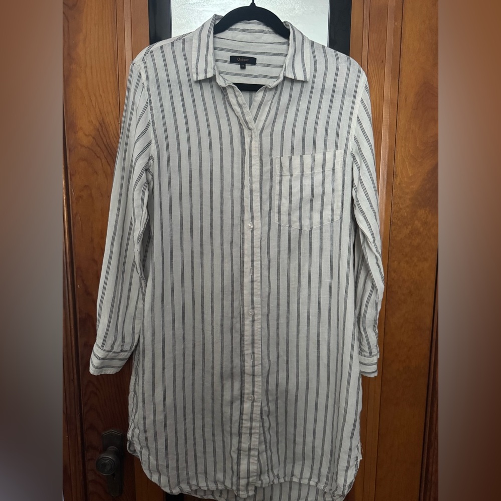 Quince 100% European Linen Shirt Dress - Black & White Pinstripe (XS)